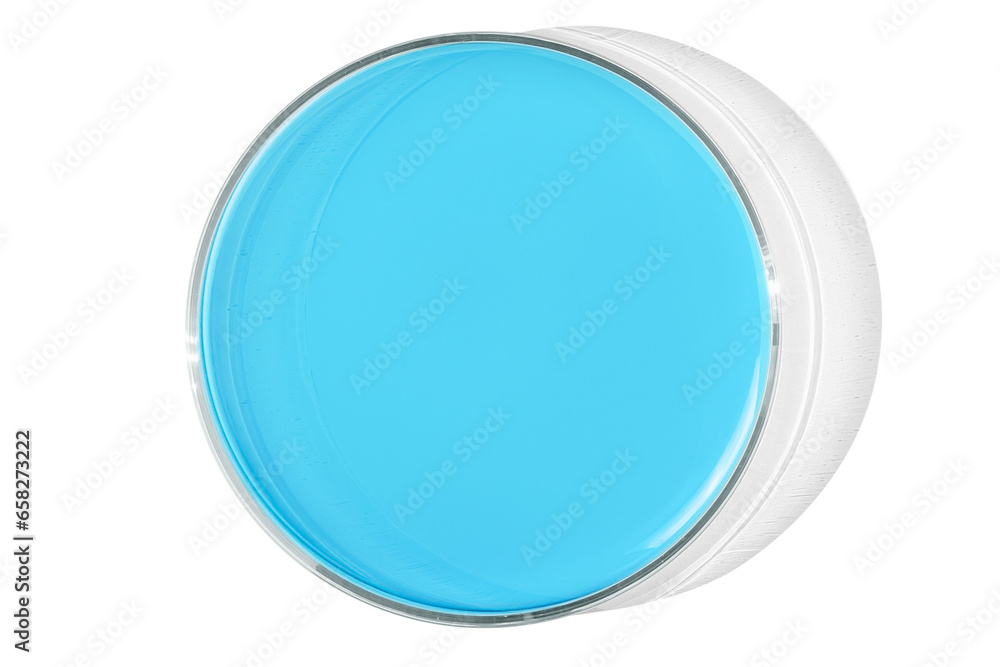 Petri dish isolated on empty background. Blue liquid in a Petri dish.
