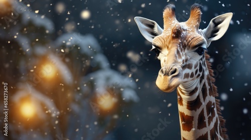 Close-up portrait of giraffe head. New Year animal concept or Christmas winter holidays. Holidays are coming. Funny animal on outdoor winter background with snow.
