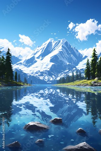 A serene lake reflecting the majestic snow capped mountains
