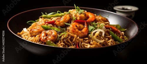 Asian style yakisoba noodles with peas and shrimp