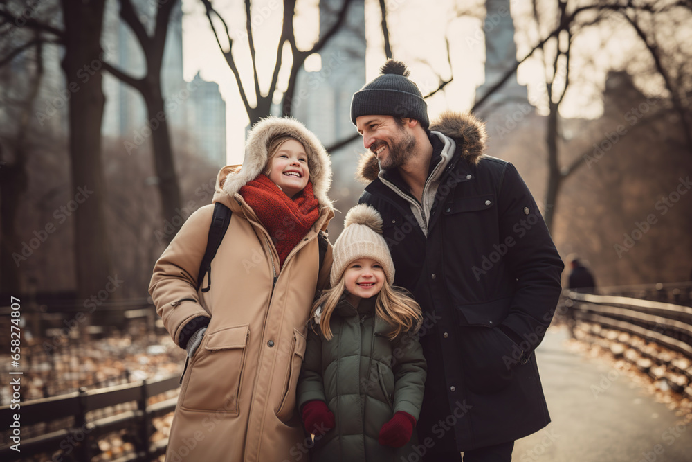 Fototapeta premium Happy family walking the streets of New York in the winter season.