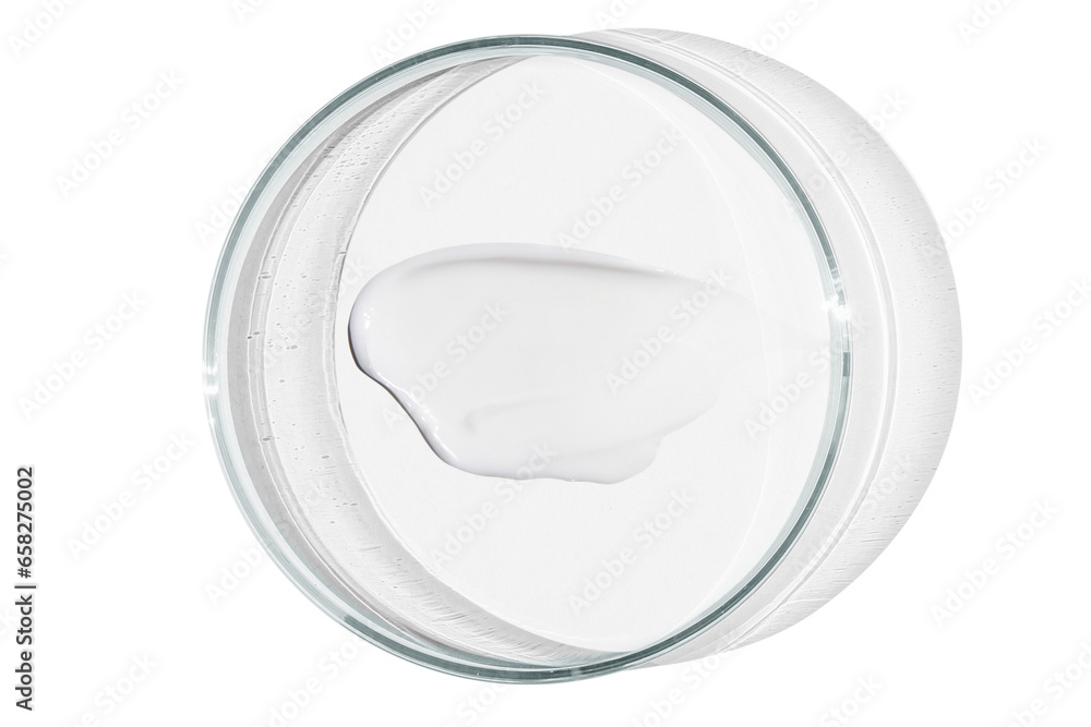 Petri dish isolated on empty background. A smear of cosmetic cream in a Petri dish. Petri dish isolated on empty background. A smear of cosmetic cream in a Petri dish.