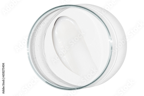 Petri dish isolated on empty background. A smear of cosmetic cream in a Petri dish.