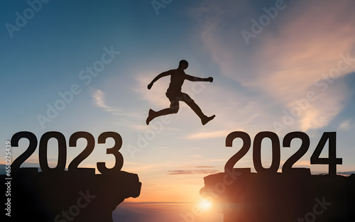 Happy new year 2024, Silhouette Man jumping from 2023 cliff to 2024 cliff on sky background.  Сoncept of moving from year to year. New Year's concept. photo