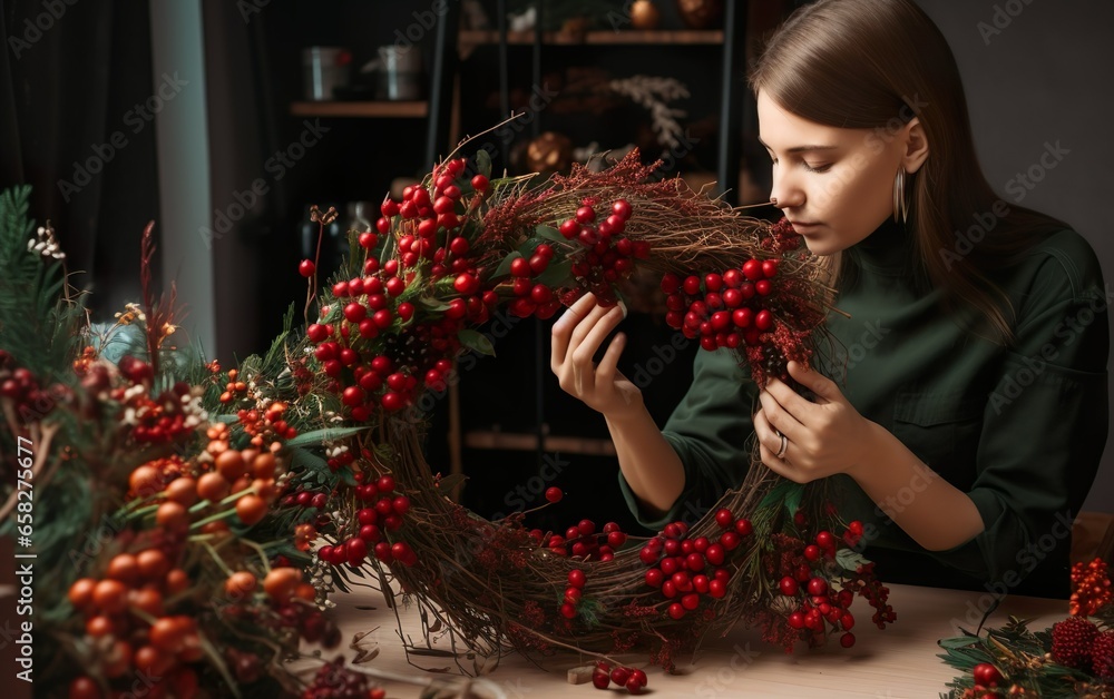 Florist at work: Creating a wooden wreath with Christmas red bar. AI, Generative AI
