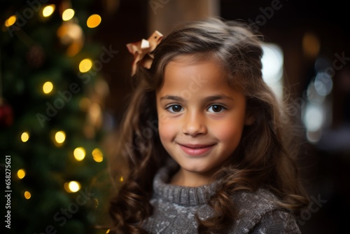 Portrait of a beautiful little girl with christmas tree in the background