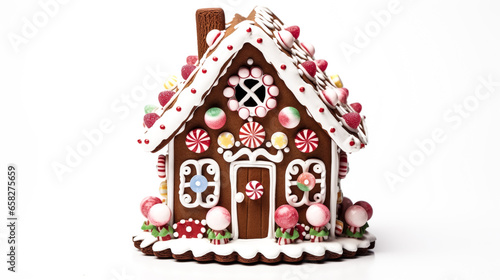 The image shows a gingerbread house adorned with colorful candy decorations, evoking feelings of warmth and holiday cheer.