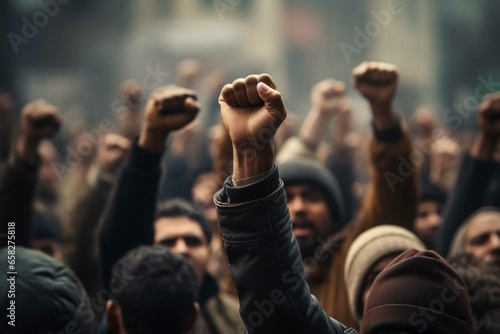 Raised fists in large angry protest riot crowd of people © Firn