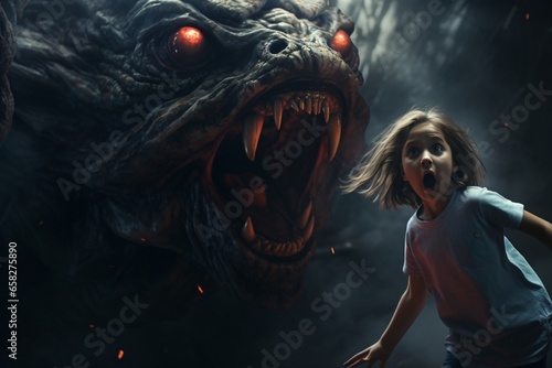 A monster evil ghost chasing a woman. A dark scary scene of a scared woman running away from a ghost photo