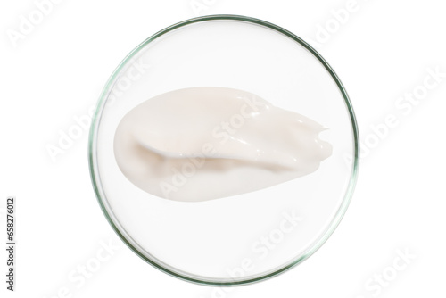 Petri dish isolated on empty background. A smear of cosmetic cream in a Petri dish.