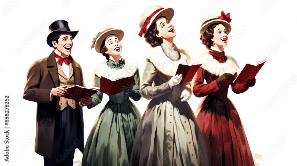 A group of carolers sing with joy on a clear white background in this festive image, spreading holiday cheer with their voices.
