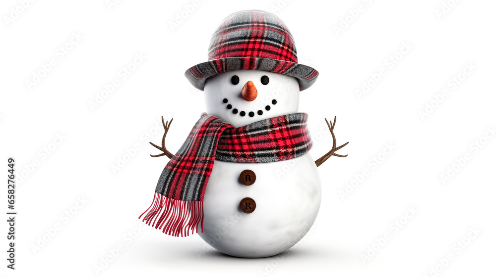 A snowman stands proudly in a winter wonderland, adorned with a scarf and top hat, against a clear background.