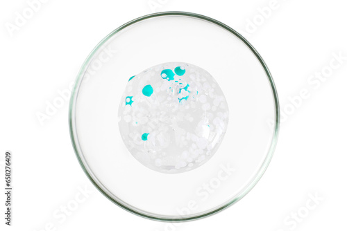 Petri dish isolated on empty background. A smear of a transparent gel, serum in a Petri dish.
