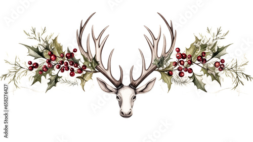 A smiling person wearing festive reindeer antlers adorned with bells and holly, against a clear background.