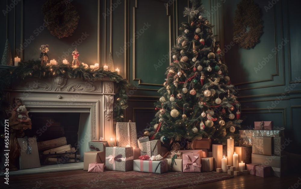 Lovely Christmas tree with beautifully packed presents. AI, Generative AI