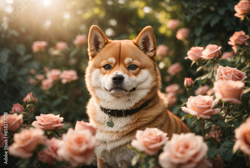Cane di razza Shiba in un giardino di rose rosa photo