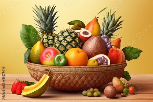 Basket with fresh fruits on wooden table. Toned image.
