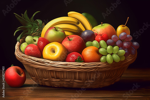 Basket with fresh fruits on wooden table. Toned image.