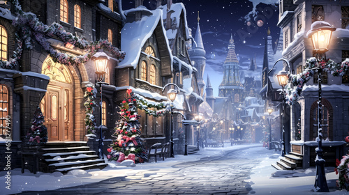The snow-covered street is adorned with twinkling Christmas lights, creating a festive atmosphere.