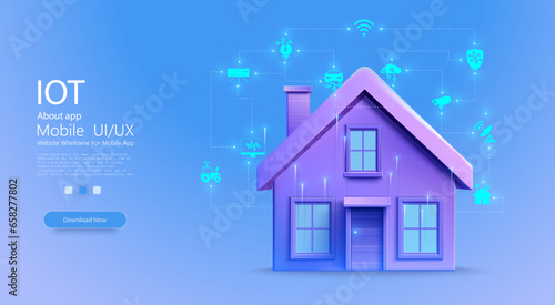 Smart home technology conceptual banner, Internet of Things Concept. Automation and data exchange in manufacturing technologies. Cybersecurity of the Internet of Things of a country house. Vector