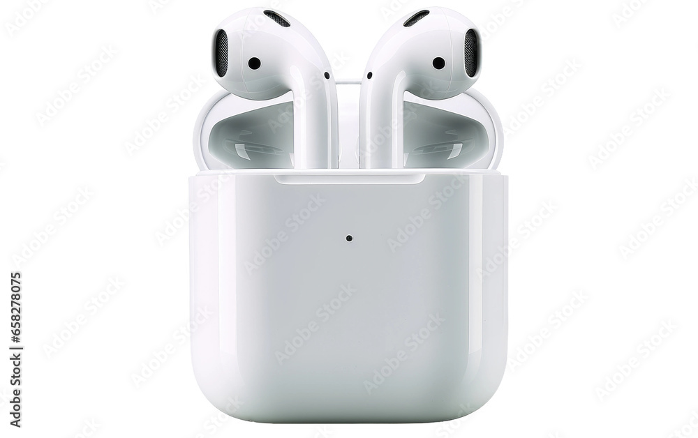 Wireless Earbuds known as Airpods Offer Untethered Audio Freedom Isolated on a Transparent Background PNG. - obrazy, fototapety, plakaty 