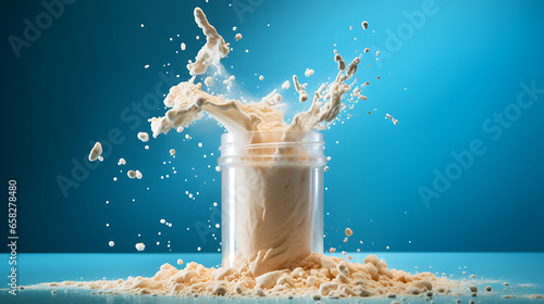product shoot of protein powder falling in to a glass. clean background. 