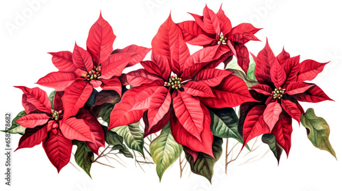 A poinsettia plant with vibrant red flowers stands on a clear white background  adding a pop of color to any room.