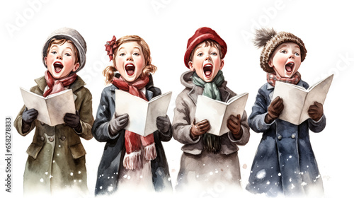 A group of carolers joyfully sing in front of a clear white background in this festive image.