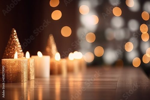 Magical and intimate blurred background, setting a cozy atmosphere for Christmas, featuring the soft flicker of candles and lovely Christmas tree-shaped decorations