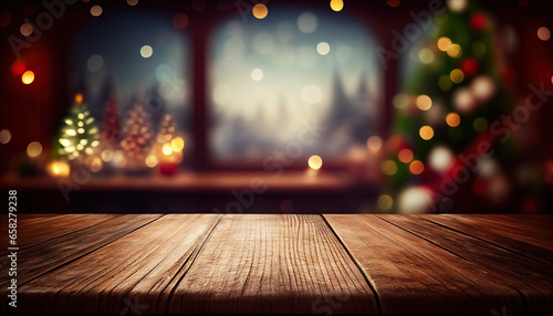 Empty wooden table with christmas theme in background