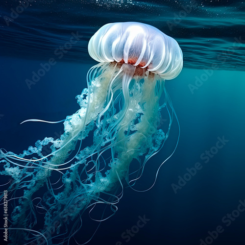 A jellyfish that is floating in the dark water. Generative AI