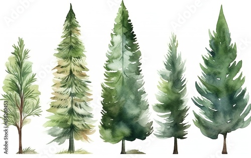 Set of watercolor Christmas trees hand drawn on a white background. AI, Generative AI photo