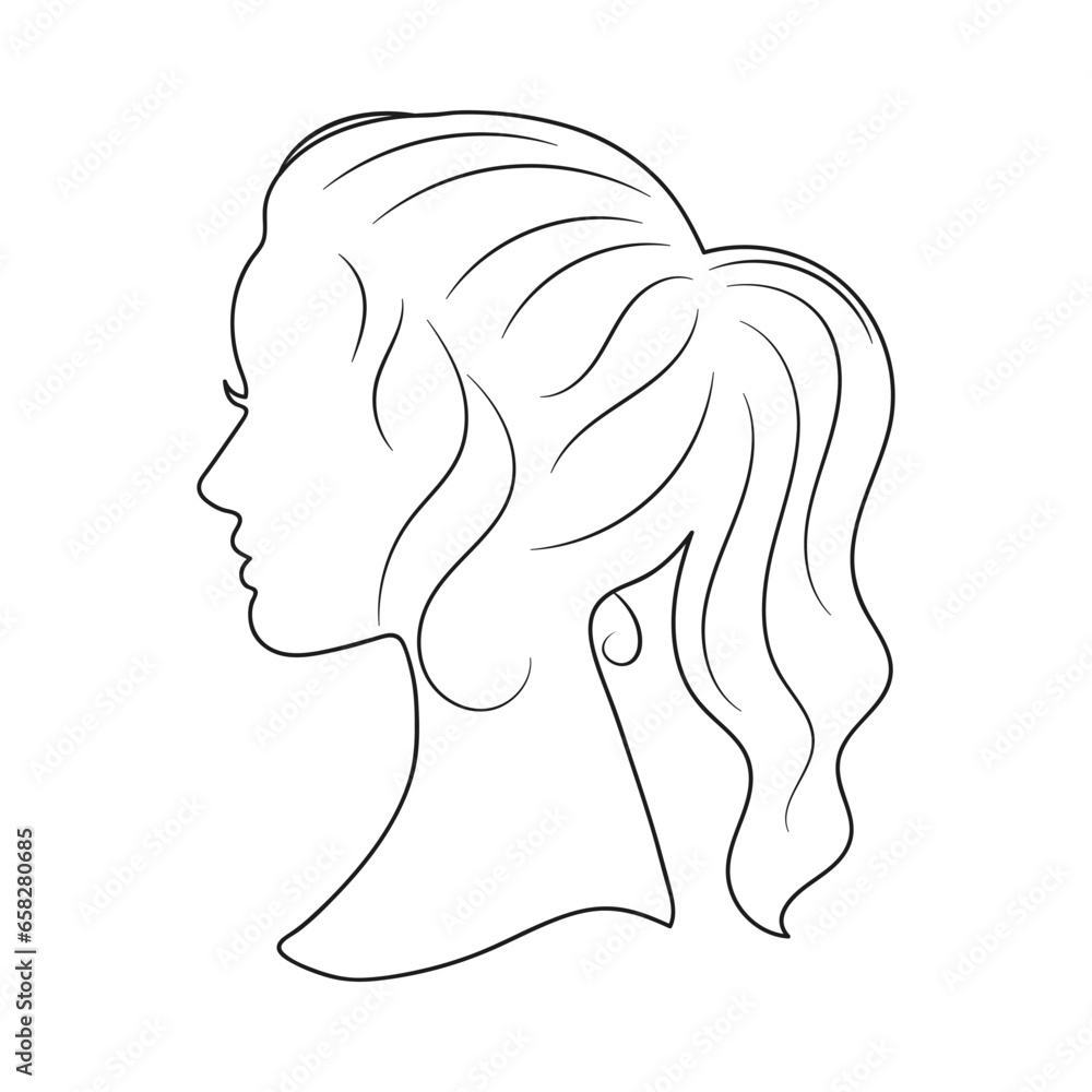 Contour portrait of a young beautiful woman in profile. Sketch. Minimal design, elegant style. Vector