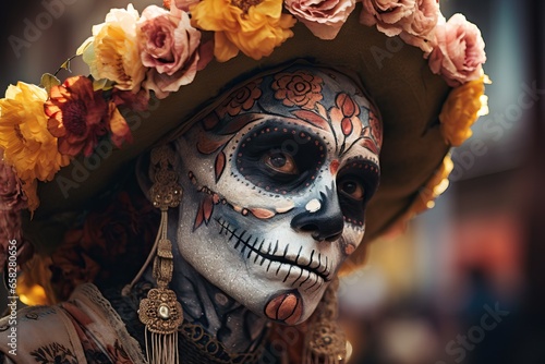 An up-close portrait captured during Dia de los Muertos, showcasing the exquisite face adorned with skull-inspired makeup. photo