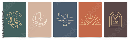 A set of esoteric mystical posters with spiritual symbols, moon, sun, stars, flowers. Templates, Tarot cards, boho style. Vector