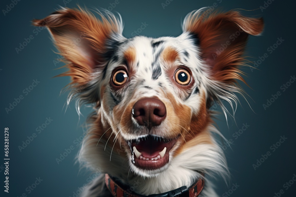 funny dog with an open mouth on a colored background in the studio