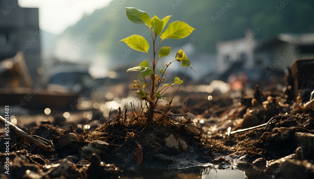 Obraz premium Small young sapling growing in a burnt area 