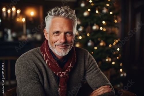 Portrait of a smiling senior man in sweater and scarf at home