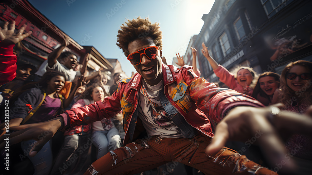 Grooving in the 80s. Dynamic close-up captures a black street dancer performance in crowd, with electrifying vibes of urban culture - obrazy, fototapety, plakaty 