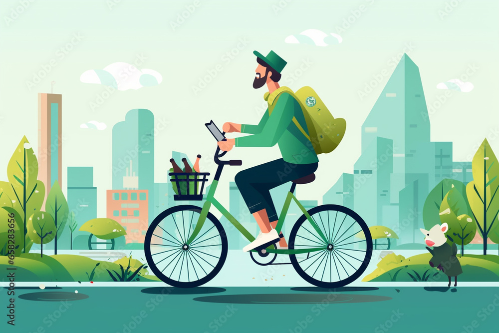 Naklejka premium Hipster man riding bicycle in the park with balloons. Vector illustration