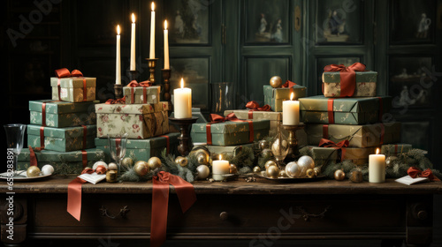 Tabletop with Christmas gift boxes  ornaments and  candles