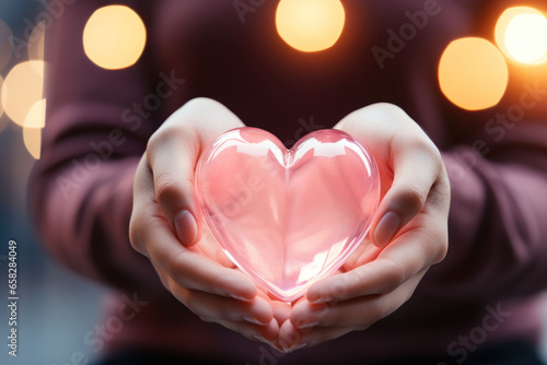 Decorative glowing pink heart in female hands close-up  concept of Valentine s Day  love and care