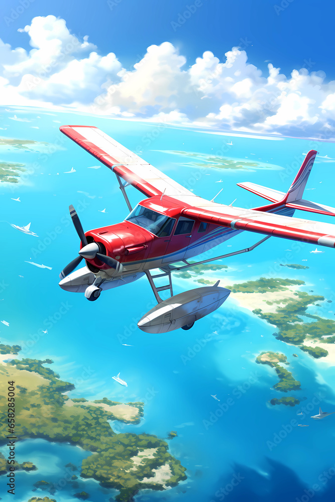 Fototapeta premium Illustration of an airplane flying over the islands in the ocean