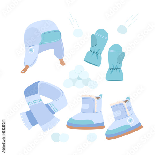 Winter warm outerwear for boys in blue for playing snowballs. Trapper hat, mittens, scarf, boots. Vector illustration of clothes for active games in snowy season. photo