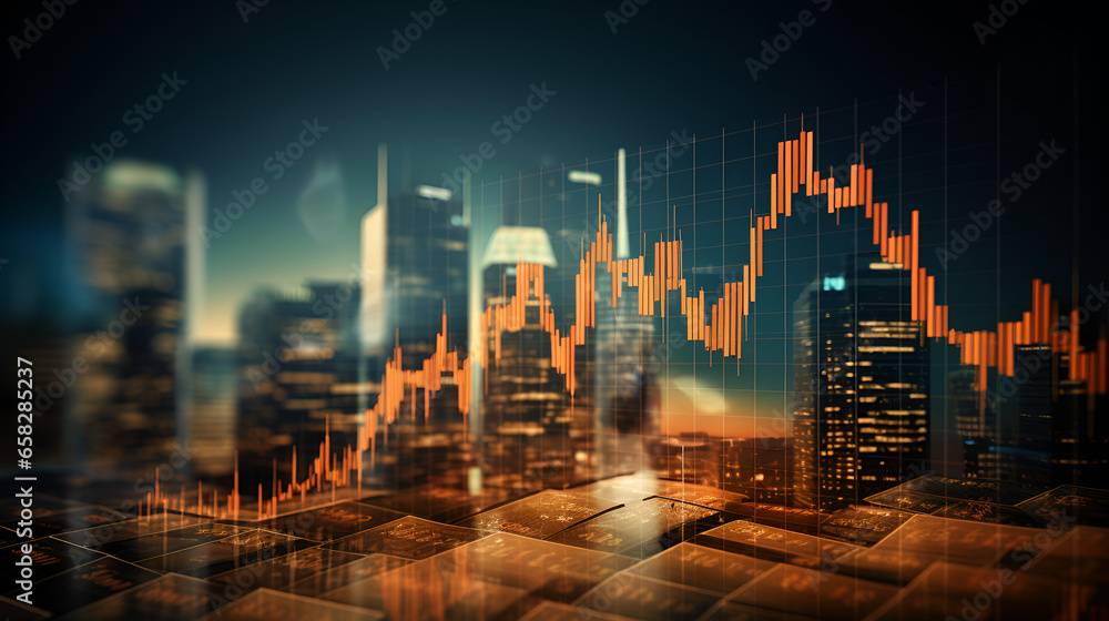 Dynamic Stock Market Trends: Analyzing Fluctuations, Peaks, and Valleys in Real-Time Amidst the Glowing Cityscape - Enhance Your Financial Forecasting & Investment Strategies 