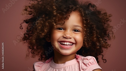 A radiant young girl with voluminous curly hair smiles against a muted backdrop, epitomizing pure joy. Ideal for family-oriented campaigns, children's fashion, and positive messaging. © StockWorld