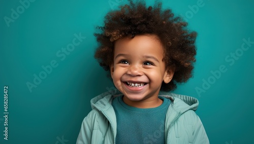 A cheerful young boy with curly hair radiates happiness against a calming teal background. Ideal for themes of joy, childhood, or diversity in advertisements or editorial content.