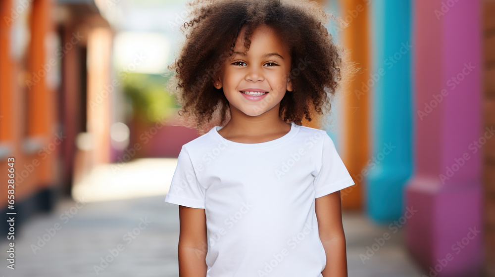 African-American child 4-5 years old close-up in a white T-shirt without a pattern against the background of a colored wall, mockup for the presentation of a children's product African-American child 4-5 years old close-up in a white T-shirt without a pattern against the background of a colored wall, mockup for the presentation of a children's product