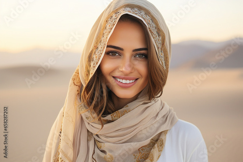 Beautiful arabic woman wearing veil in sandy desert Generative Ai illustration photo