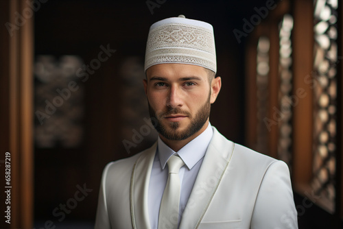 Generative AI technology picture of young arab man in cultural clothes religious person photo